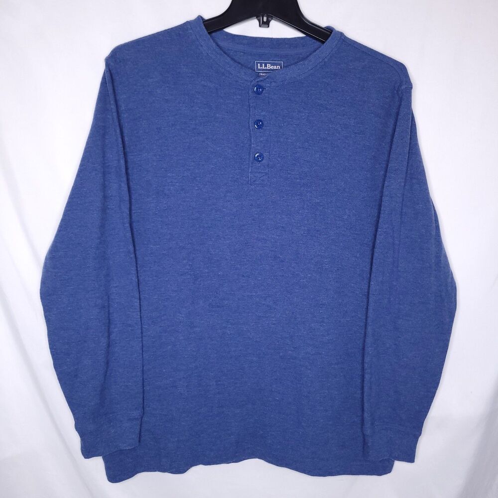 LL Bean Henley Shirt Mens LT Navy Blue Waffle Long Sleeve 502869